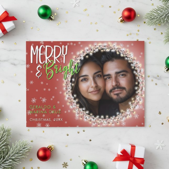 Cartes Pour Fêtes Annuelles Joyeux moderne et lumières de Noël brillantes Roug (Créateur téléchargé)