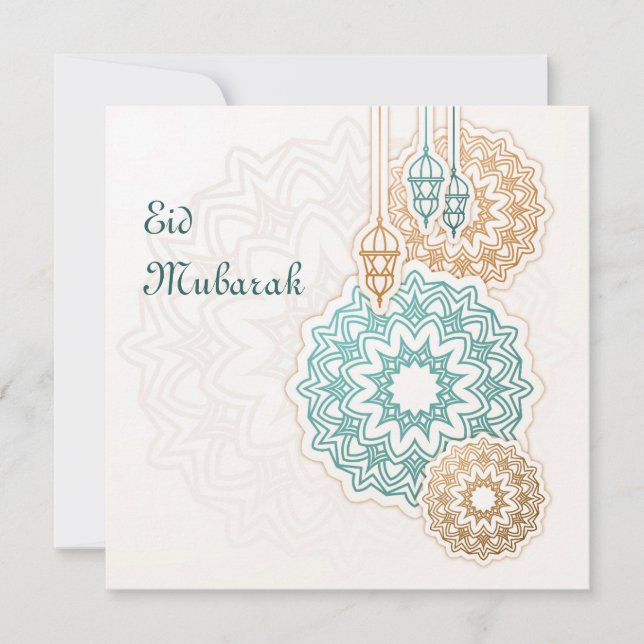Cartes Pour Fêtes Annuelles Joyeux moubarak de l'Aïd avec lanternes et décorat (Devant)