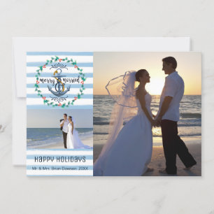 Cartes Pour Fêtes Annuelles Joyeux Nautique & Marié, Bleu Stripes, Deux Photos