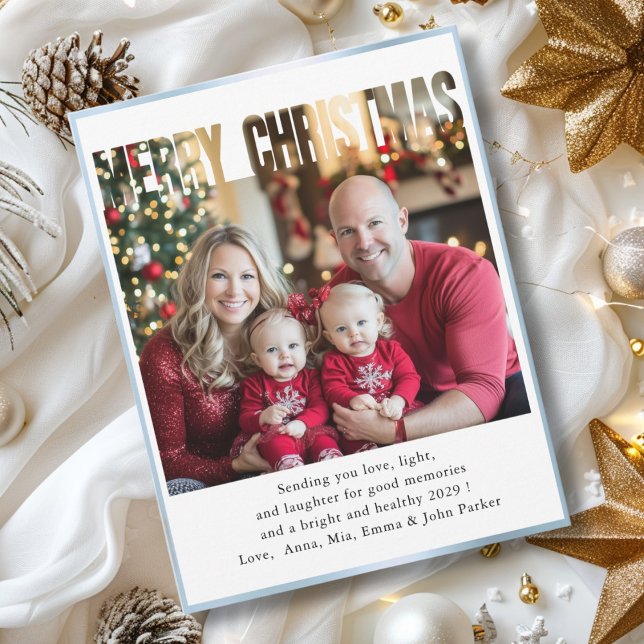 Cartes Pour Fêtes Annuelles JOYEUX NOËL! 1 Photo, blanc, bleu (Personalized 1-Photo, White, Christmas Card with “MERRY CHRISTMAS” Design & Blue Border.)
