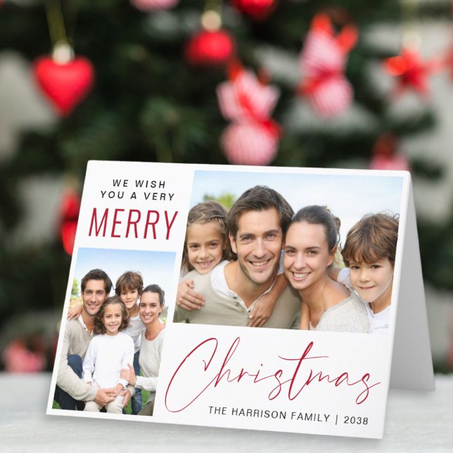 Cartes Pour Fêtes Annuelles Joyeux Noël 2 Photo Rouge Script (This holiday season, let your family's smiles and heartwarming memories shine on our 2 photo card)
