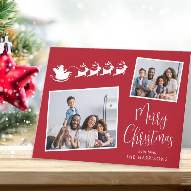 Cartes Pour Fêtes Annuelles Joyeux Noël 2 Photo Santas Sleigh Red (Share the love and warmth of the holiday season with this personalized photo Christmas card)