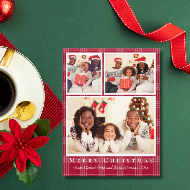 Cartes Pour Fêtes Annuelles joyeux noël 3 photos rouge buffle plaid (Créateur téléchargé)