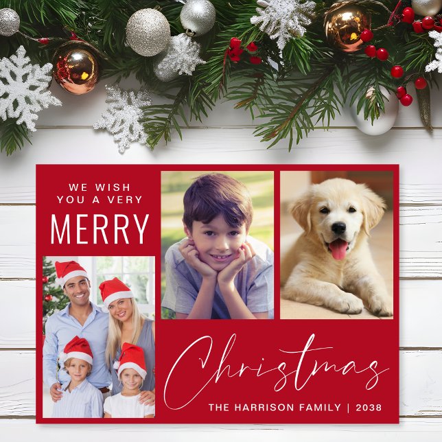 Cartes Pour Fêtes Annuelles Joyeux Noël 3 Script photo Rouge (This holiday season, let your family's smiles and heartwarming memories shine on our 3 photo card)