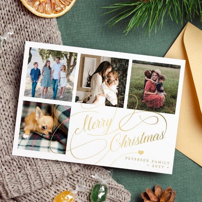 Cartes Pour Fêtes Annuelles Joyeux Noël 4 photo collage élégant script (Créateur téléchargé)