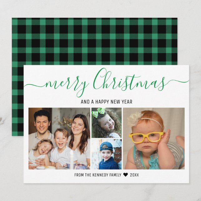 Cartes Pour Fêtes Annuelles Joyeux Noël 4 Photo Collage vert Plaid (Devant / Derrière)