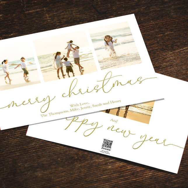 Cartes Pour Fêtes Annuelles Joyeux Noël 4 Photo Gold Calligraphie Script (Merry Christmas gold calligraphy script photo card. )