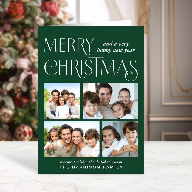 Cartes Pour Fêtes Annuelles Joyeux Noël 4 photo vert (This holiday season, let your family's smiles and heartwarming memories shine on our 4 photo card)