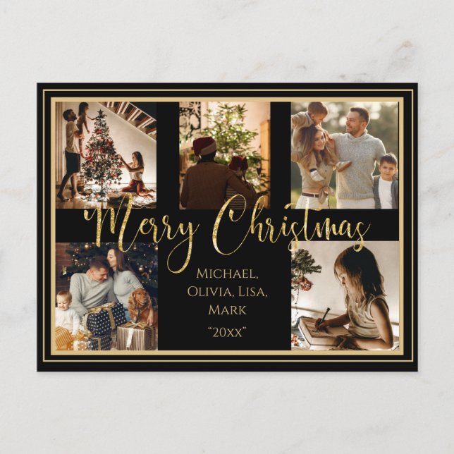 Cartes Pour Fêtes Annuelles Joyeux Noël 5 Photo Collage Gold Script (Devant)
