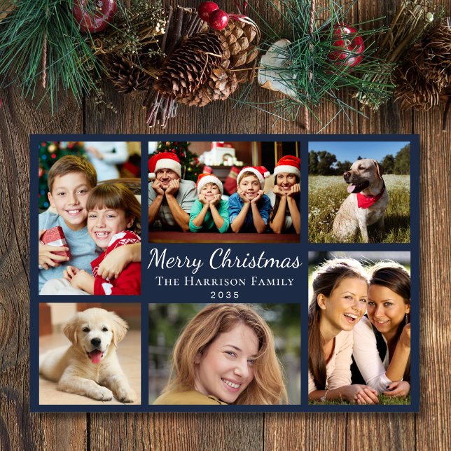 Cartes Pour Fêtes Annuelles Joyeux Noël 6 Photo Collage Bleu (This holiday season, let your family's smiles and heartwarming memories shine on our 6 photo card)