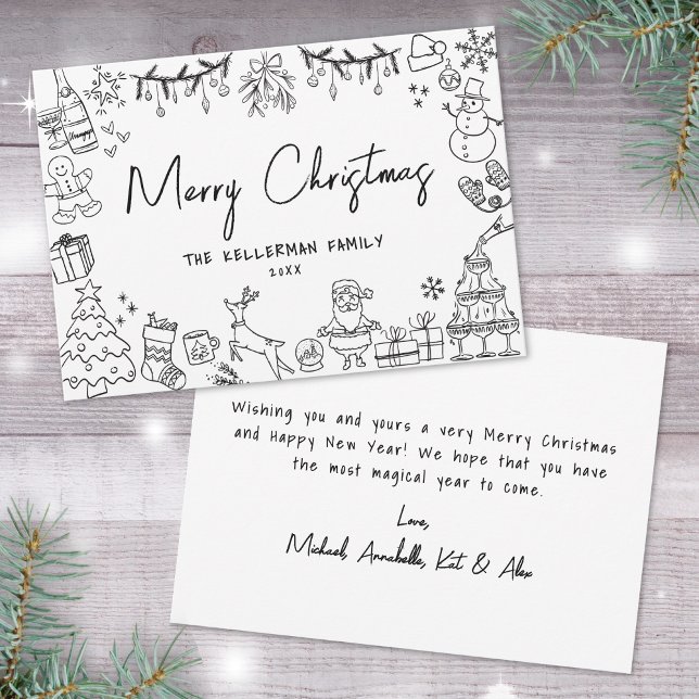 Cartes Pour Fêtes Annuelles Joyeux Noël à la main tiré (Hand Drawn Whimsical Merry Christmas Holiday Card)