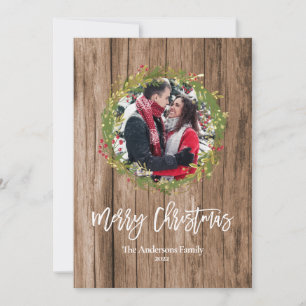 Cartes Pour Fêtes Annuelles Joyeux Noël Ajouter photo Holly Wreath Rustic Farm