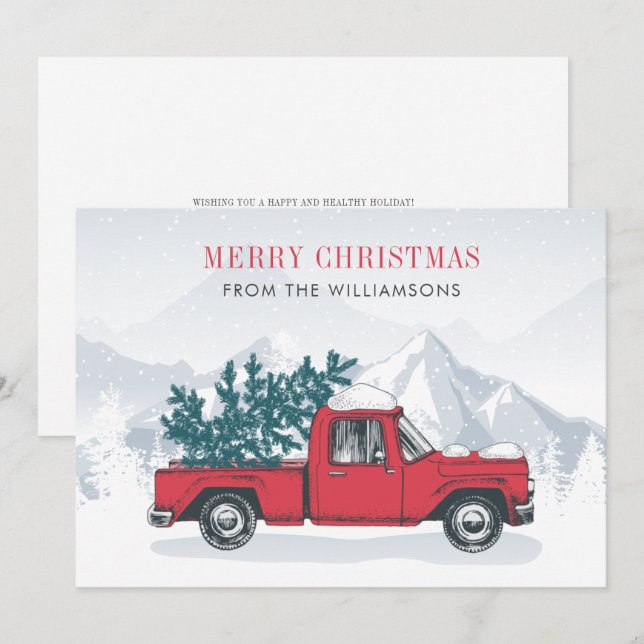 Cartes Pour Fêtes Annuelles Joyeux Noël aquarelle Camion rouge (Devant / Derrière)
