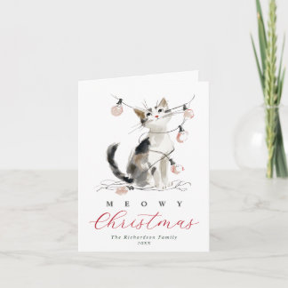 Cartes Pour Fêtes Annuelles Joyeux Noël aquarelle Chat & Lumières