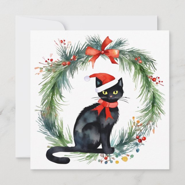 Cartes Pour Fêtes Annuelles Joyeux Noël aquarelle Chat noir et couronne (Devant)