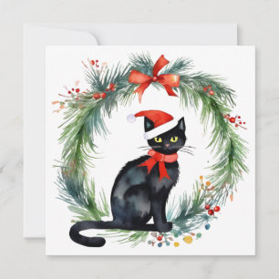 Cartes Pour Fêtes Annuelles Joyeux Noël aquarelle Chat noir et couronne
