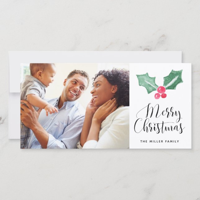 Cartes Pour Fêtes Annuelles Joyeux Noël aquarelle Holly Photo de vacances (Devant)