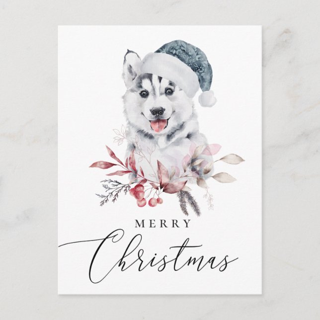 Cartes Pour Fêtes Annuelles Joyeux Noël. Aquarelle mignonne vacances husky (Devant)