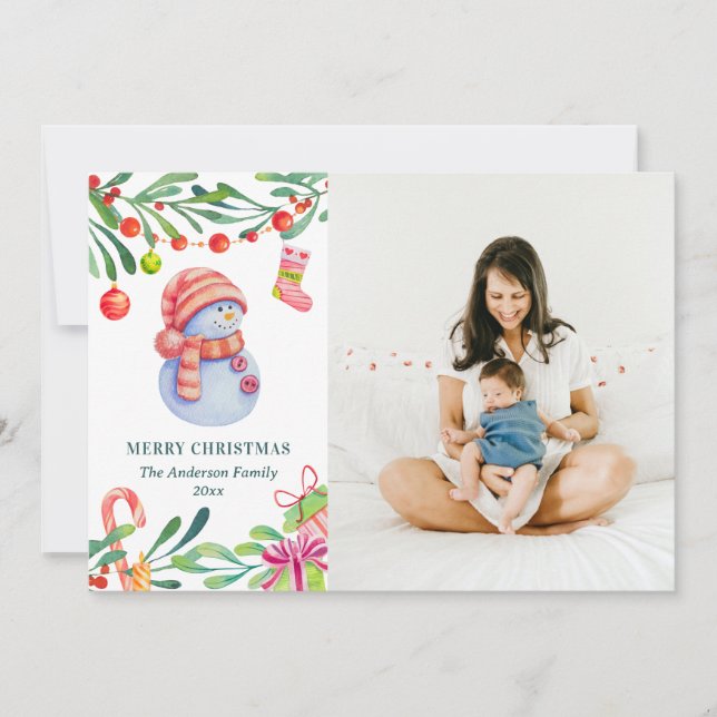 Cartes Pour Fêtes Annuelles Joyeux Noël. Aquarelle photo de neige mignonne (Devant)