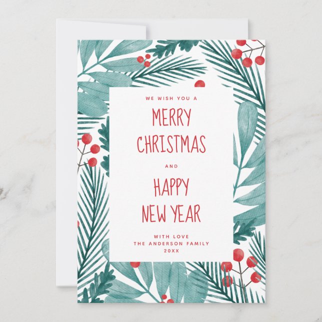 Cartes Pour Fêtes Annuelles Joyeux Noël. Aquarelle pins d'hiver et fleurs (Devant)