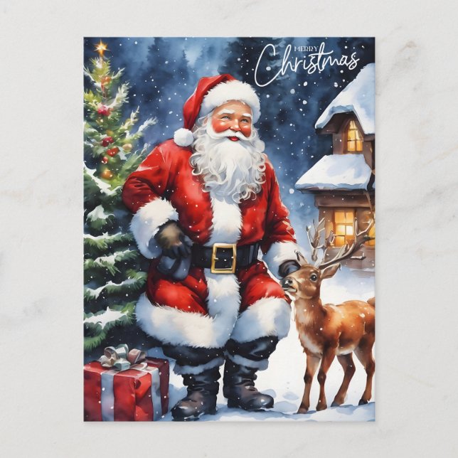 Cartes Pour Fêtes Annuelles Joyeux Noël aquarelle Santa Claus (Devant)