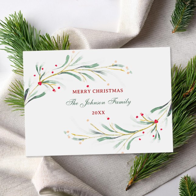 Cartes Pour Fêtes Annuelles Joyeux Noël Aquarelle Verdure Non-Photo (Créateur téléchargé)