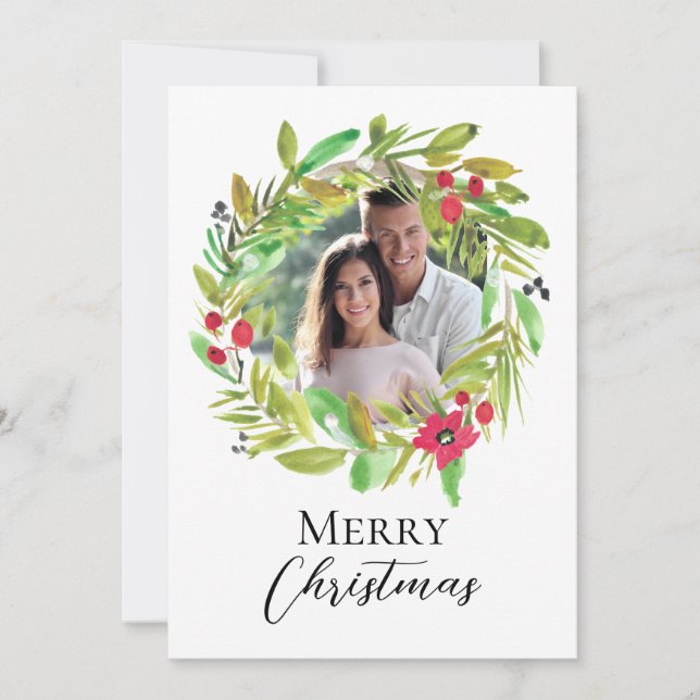 Cartes Pour Fêtes Annuelles Joyeux Noël Aquarelle Vert Couple Photo (Devant)