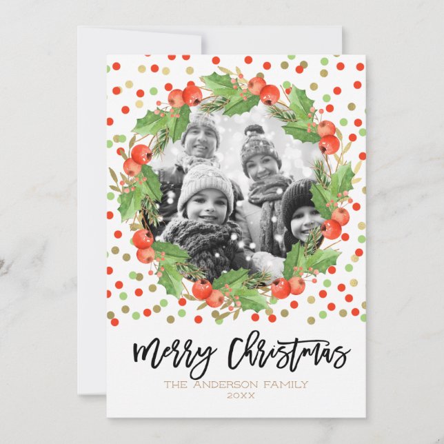 Cartes Pour Fêtes Annuelles Joyeux Noël aquarelle Wreath Photo de vacances (Devant)