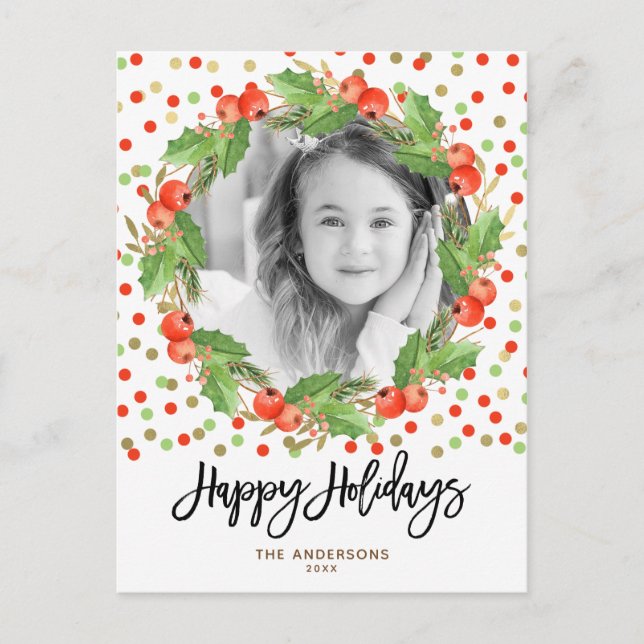 Cartes Pour Fêtes Annuelles Joyeux Noël aquarelle Wreath Photo de vacances (Devant)