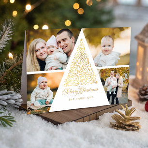 Cartes Pour Fêtes Annuelles Joyeux Noël Arbre à perles d'or 4 Photo Collage