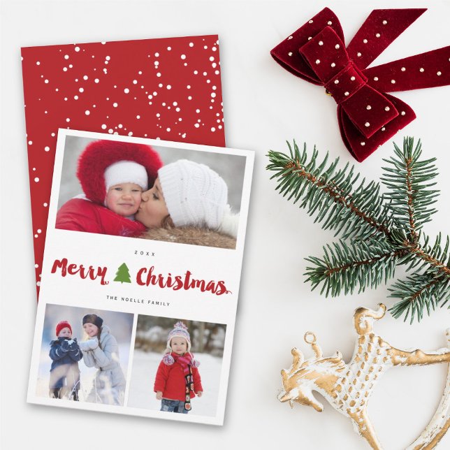 Cartes Pour Fêtes Annuelles Joyeux Noël Arbre Brush Script 3 Photo Collage (Créateur téléchargé)