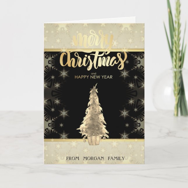Cartes Pour Fêtes Annuelles Joyeux Noël, Arbre de Noël Or Snowflakes (Devant)