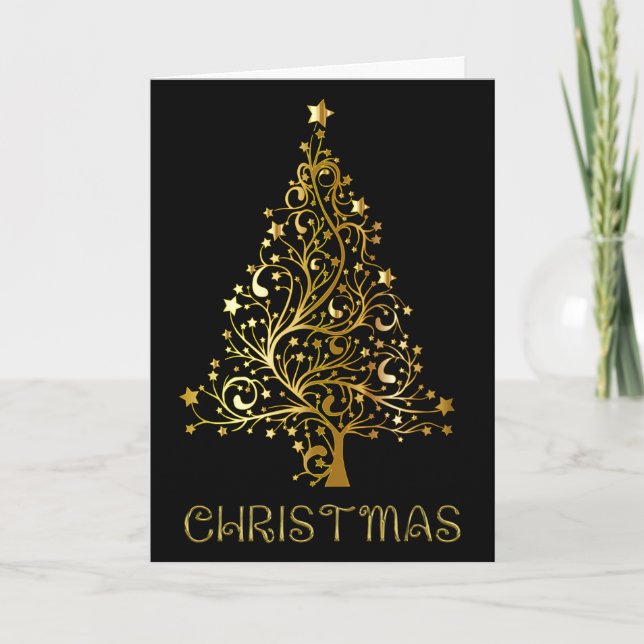 Cartes Pour Fêtes Annuelles Joyeux Noël Arbre Noir brillant Typographie (Devant)