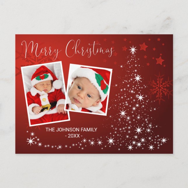 Cartes Pour Fêtes Annuelles Joyeux Noël Arbre Rouge Lumière Lumineuse Neige (Devant)