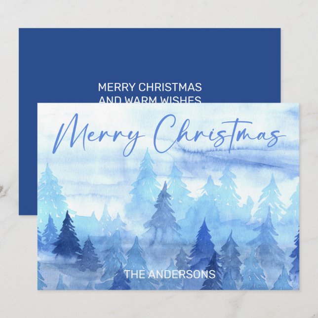 Cartes Pour Fêtes Annuelles Joyeux Noël Arbres de Pin Aquarelle Bleue (Devant / Derrière)