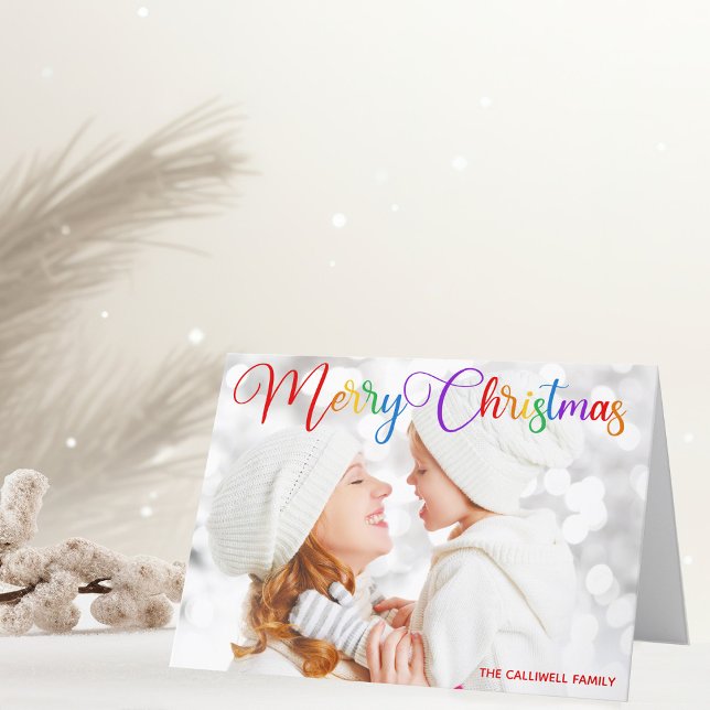 Cartes Pour Fêtes Annuelles Joyeux Noël Arc-en-ciel Famille Photo pliée (Créateur téléchargé)