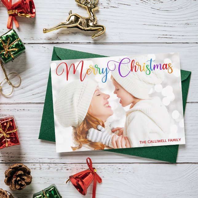 Cartes Pour Fêtes Annuelles Joyeux Noël Arc en ciel Script Famille Photo Plutô (Créateur téléchargé)