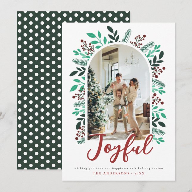 Cartes Pour Fêtes Annuelles Joyeux Noël Arch Berries Foliage Photo Green (Devant / Derrière)
