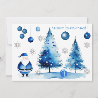 Cartes Pour Fêtes Annuelles Joyeux Noël Argent & Bleu Japandi Aquarelle
