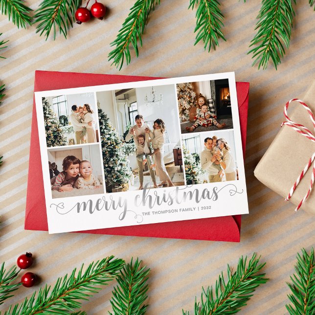Cartes Pour Fêtes Annuelles Joyeux Noël Argent moderne Script 5 Photo (Créateur téléchargé)