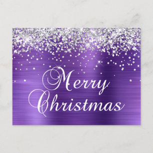 Cartes Pour Fêtes Annuelles Joyeux Noël Argent Paillettes Violet Feuille