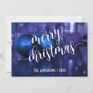 Cartes Pour Fêtes Annuelles Joyeux Noël avec des boules en verre bleues et vio