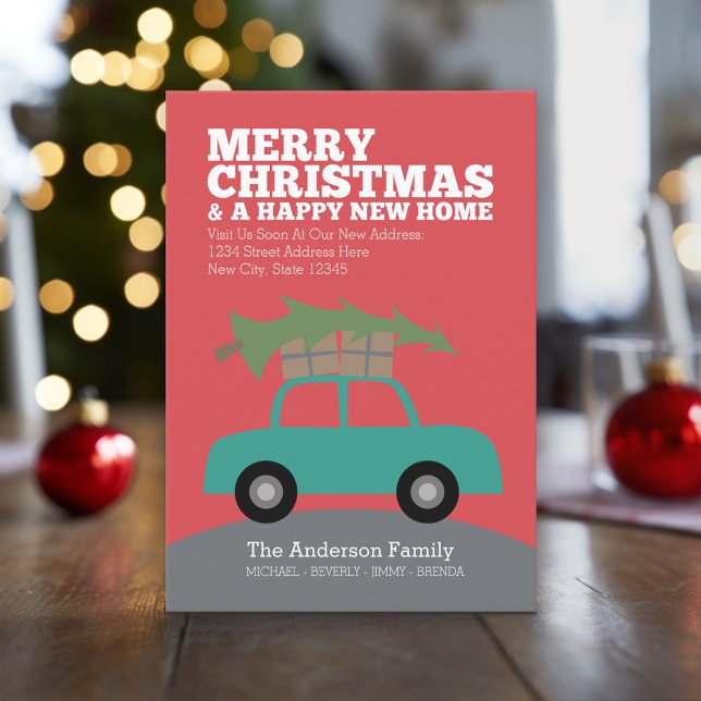 Cartes Pour Fêtes Annuelles Joyeux Noël avec nouvelle adresse résidentielle Dé (Holiday Moving Card with New Address and Cute Car carrying Christmas Tree)