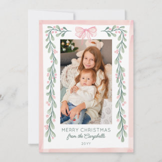 Cartes Pour Fêtes Annuelles Joyeux Noël Baies & Ruban Aquarelle Rose