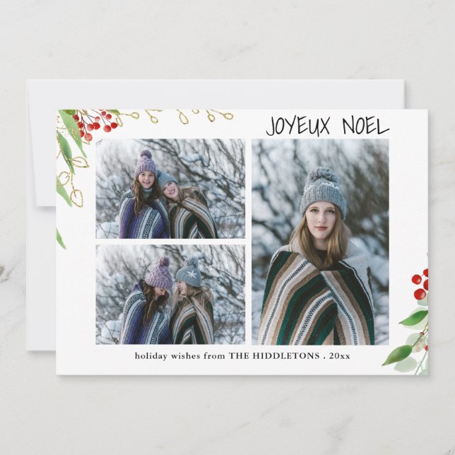 Cartes Pour Fêtes Annuelles Joyeux Noel Berry Or Rouge moderne | Multiphoto (Devant)