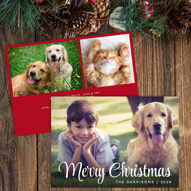 Cartes Pour Fêtes Annuelles Joyeux Noël blanc Script photo superposition (Share the love and warmth of the season with a personalized 3 photo Christmas card)
