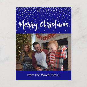 Cartes Pour Fêtes Annuelles Joyeux Noël blanc sur fond marine et confettis arg