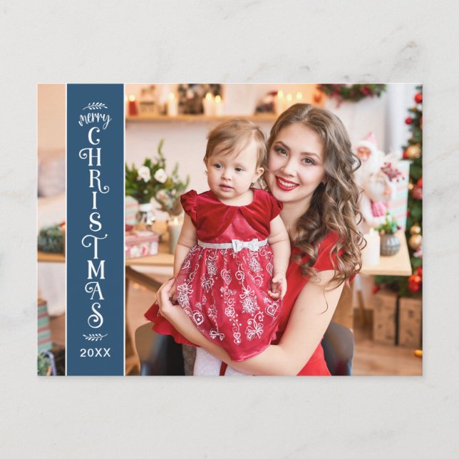 Cartes Pour Fêtes Annuelles Joyeux Noël bleu 2 photos famille (Devant)