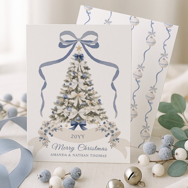 Cartes Pour Fêtes Annuelles Joyeux Noël Bleu Bow (Créateur téléchargé)