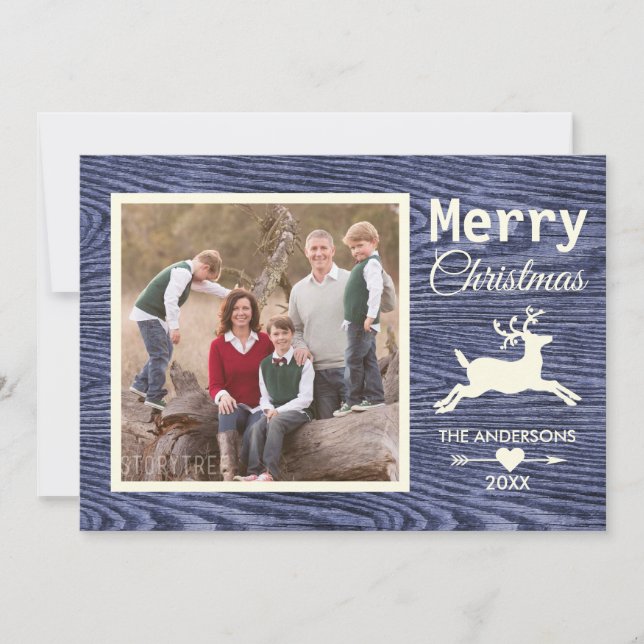 Cartes Pour Fêtes Annuelles Joyeux Noël Bleu Rustique Bois Photo famille (Devant)